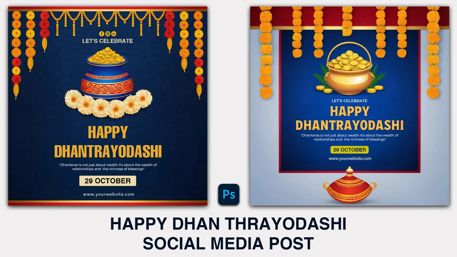 Happy Dhanteras Social Media Post PSD with Gold Pot and Festive Garland Design